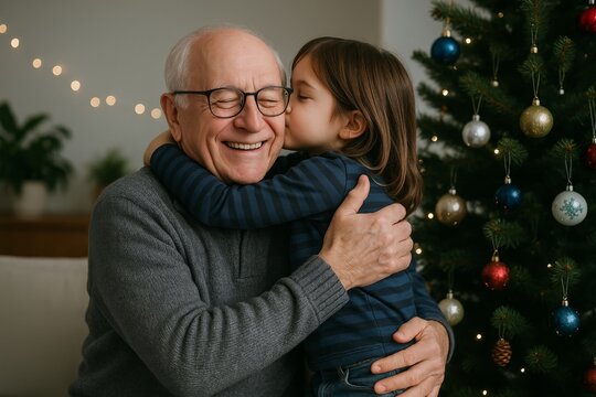 Grandfather hugging and smiling as granddaughter kisses his cheek near Christmas tree with ornaments and festive lights in cozy home setting. Ai generative