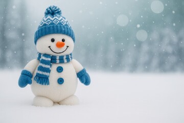 Cute plush snowman with blue hat, scarf, and mittens standing in snowy landscape with snowfall and blurred forest, symbolizing xmas and new year joy. Ai generative