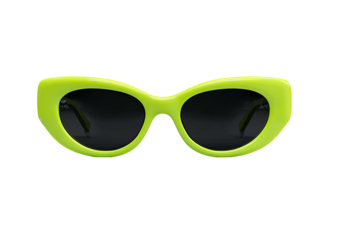 Bright lime green, cat-eye sunglasses on a black background