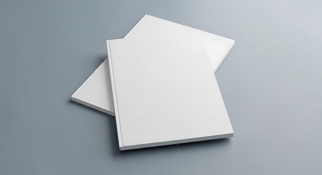 Two blank white books stacked on a grey surface, top view - Powered by Adobe