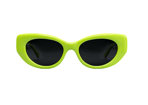 Bright lime green, cat-eye sunglasses on a black background