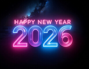 Happy New Year 2026 Neon Text Illustration Retro Style Greeting Card