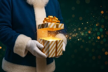 Santa Claus in blue suit holding magical glowing gift box with golden ribbon, festive Christmas background with sparkling bokeh lights. Ai generative. Ai generative