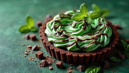 Delicious chocolate tart features vibrant mint green cream frosting with chocolate drizzle. Fresh mint leaves garnish top of sweet dessert. Cocoa powder, chocolate chunks decorate emerald green