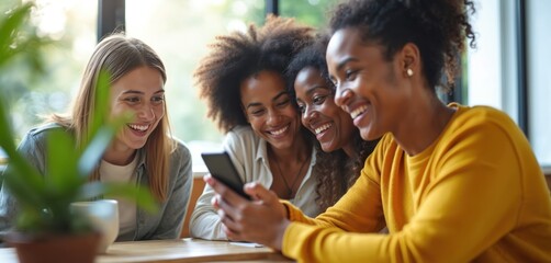 Young diverse friends laugh while sharing smartphone content at cafe table. People enjoy leisure time, connect online, and socialize during a casual hangout.