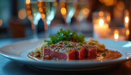 Seared sesame tuna steak served with mashed potatoes and greens. Fine dining presentation with wine glasses and candles in background. Elegant meal at restaurant.