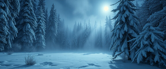 Cold winter forest landscape with snow and frozen pine trees under the night sky.