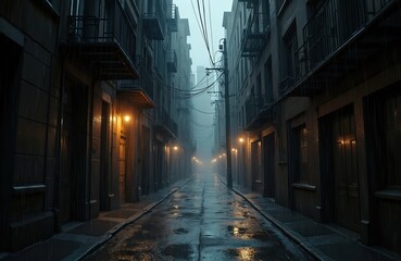 Rainy city alleyway. Wet street with puddles and lights. Buildings line road in town. Gloomy dark wet urban scene. Weather creates atmosphere. Monochrome photo evokes isolation, mystery in cityscape.