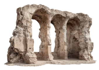 Ruined structure with three arches, heavily weathered stone