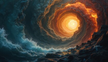 Fototapeta premium Turbulent ocean waves hit dark rocky coast. Fiery swirling tunnel creates bright light in abstract sky. Elements of water, earth, fire, air combine dynamically. Natural forces meet cosmic energy in