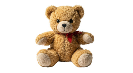 Cute fluffy brown teddy bear stuffed animal with a red ribbon bow tie isolated PNG with Transparent Background