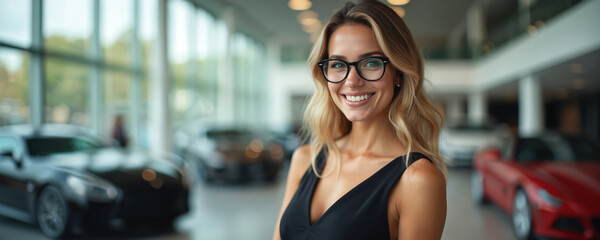 Young woman with blonde hair wearing black glasses and dress stands in car dealership with luxury vehicles in background. She smiles at camera in modern showroom with red and black cars on display.