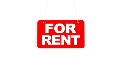 A bright red 'For Rent' sign with white text hanging by strings against a plain white background.