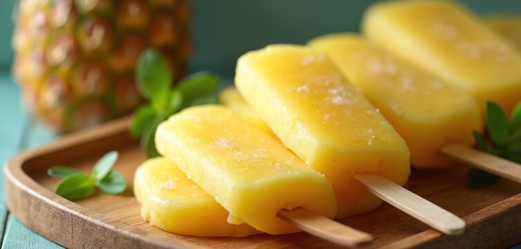Yellow pineapple popsicles on wooden tray with mint leaves. Sweet, fruity frozen dessert made from fresh fruit for hot summer day refreshment. Delicious tropical treat. - Powered by Adobe