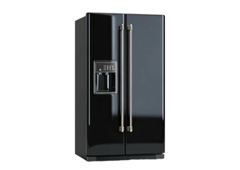 Shiny black fridge with silver handles and water dispenser