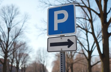 Parking sign with an arrow indicating direction. The sign stands on a metal pole. Bare trees frame the scene. Clear sky appears above. Sign conveys essential information for navigation.