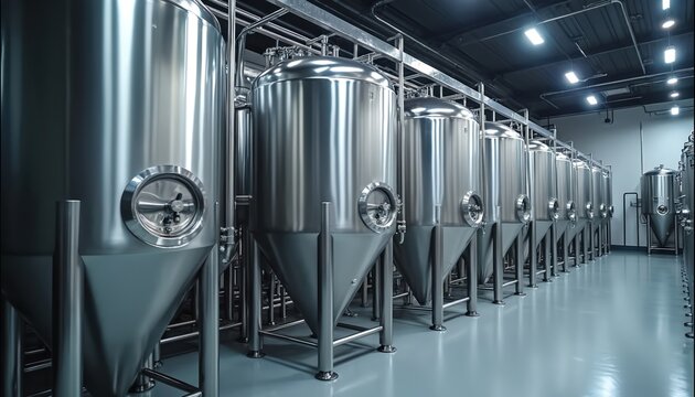 Stainless steel tanks line modern brewery. Large vats stand in row inside clean production facility. Industrial brewing equipment gleams under bright lights. Beverage workspace features quality