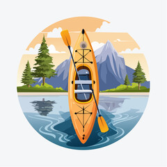 Vibrant yellow kayak with paddle on a serene lake, surrounded by majestic mountains and lush pine trees under a cloudy sky, depicting outdoor adventure.