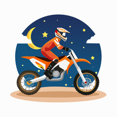 A person in a helmet and orange suit riding a dirt bike at night under a crescent moon and stars.
