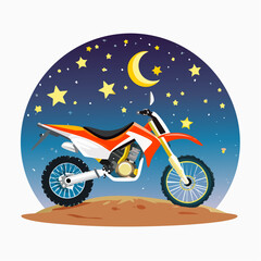 Illustration of an orange and white dirt bike parked on a sandy ground under a starry night sky with a crescent moon.