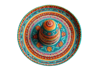 Colorful, ornate hat with detailed patterns from above
