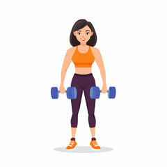 Cartoon woman in sportswear holding dumbbells, ready for a workout.