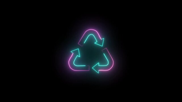 Glowing Neon Recycling Symbol Animation in Black Background 