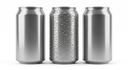 Three aluminum soda cans with water droplets isolated on white background