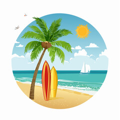 Vibrant tropical beach scene with a palm tree, two surfboards, blue ocean, a distant sailboat, and birds under a bright sunny sky.