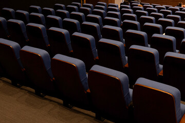 Naklejka premium Karachi, Pakistan - April 10, 2025: A captivating view of multiple rows of empty seats under dim lighting, Ideal for concepts related to education, presentations, cinema, events, or public gatherings.