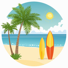 Vibrant cartoon illustration of a tropical beach scene with two surfboards standing on the sand, palm trees, blue ocean, and a bright sun in the sky.