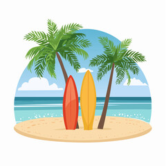 Vibrant cartoon illustration of a tropical beach with two surfboards and palm trees by the ocean under a blue sky.