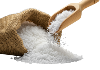 Photorealistic macro close-up of white rock salt cascading from wooden scoop into a burlap sack, strong highlights define texture, concept of natural purity.