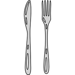 Simple Outline Illustration of a Silver Knife and Fork Set on a Transparent Background Representing Dining and Utensils