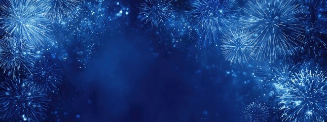 A celebratory blue backdrop, edges framed by bright firework bursts and sparkling lights