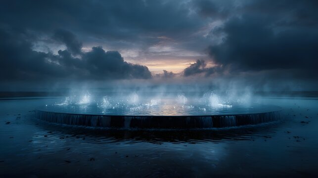 A surreal glowing fountain with water jets and mist erupts from a circular basin at dawn against a dramatic cloudy sky