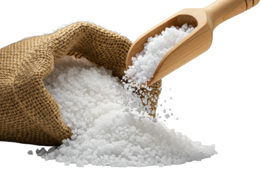 Photorealistic macro close-up of white rock salt cascading from wooden scoop into a burlap sack, strong highlights define texture, concept of natural purity.