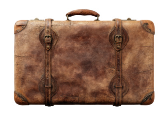 Worn leather suitcase, straps, buckles, aged look on dark background