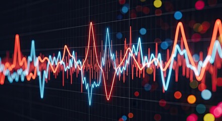 Vivid display of fluctuating red and blue waveforms against a dark grid backdrop, enhanced by bokeh lights, symbolizing data analysis and technological advancement