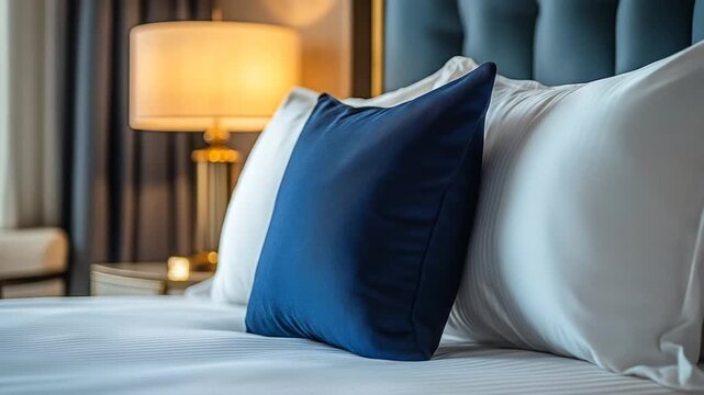 Luxurious hotel bed with crisp white linens and a rich navy accent pillow