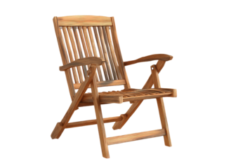 Wooden folding chair, slats & arms, leaning slightly forward