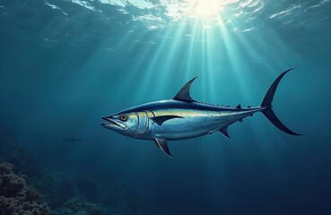 Naklejka premium Illustration of bluefin tuna swims underwater. Sun rays penetrate water. Marine life art depicts a large fish in ocean. Underwater creature swims freely. Deep blue sea background.