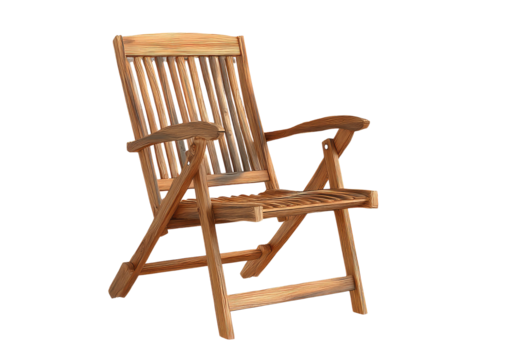 Wooden folding chair, slats & arms, leaning slightly forward