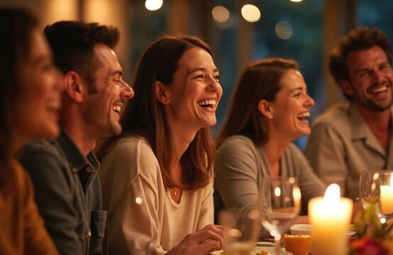 Group friends laugh together at dinner party. Diverse people enjoy meal at restaurant. Celebration with food drink. Joyful moments at table. Togetherness and friendship at event.