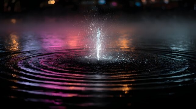 A vibrant water fountain spray at night with colorful reflections and ripples on the dark water surface - Powered by Adobe