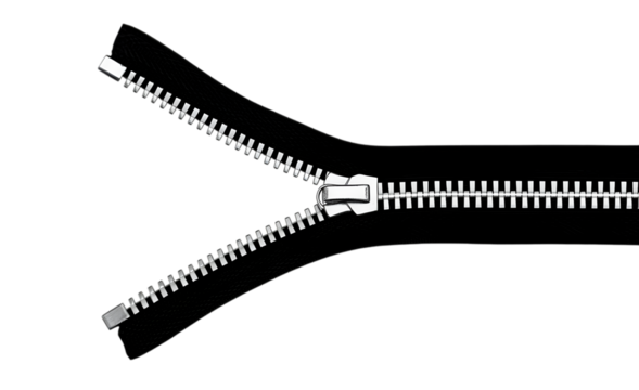 Closeup of a black zipper with a silver puller on white background