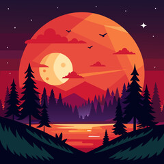 Vibrant sunset over a serene forest lake