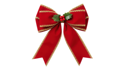 Classic red velvet Christmas bow with gold edging and holly berries for gift wrapping isolated PNG with Transparent Background