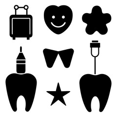 Tooth, Floss, Dentist Chair, and Smile Icon on White Background.