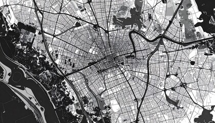 Obraz premium Bird's-eye view illustration of an urban area, featuring streets and buildings depicted in shades of gray. A detailed perspective